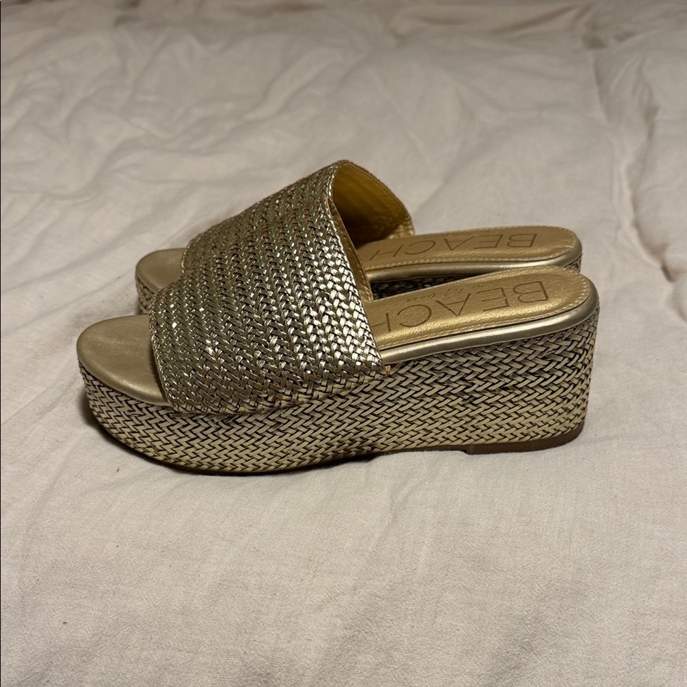 BEACH Gold Woven Platform Slide Sandals
